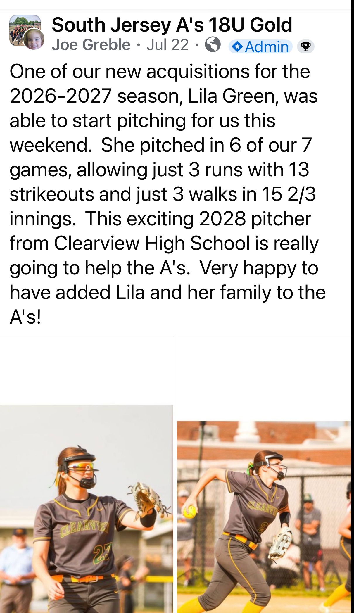 Check out the photos and videos of the softball recruiting profile Lila Green